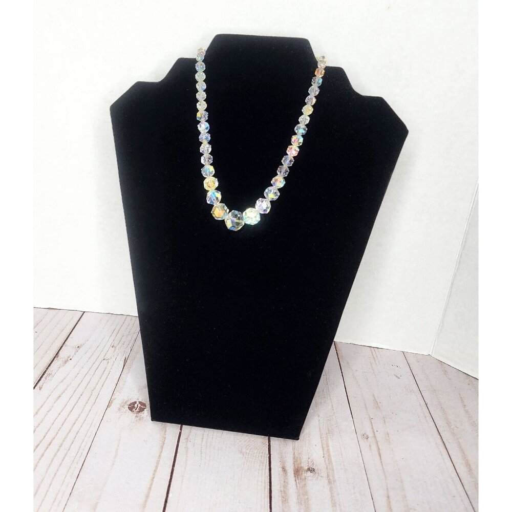 Vintage Aurora Borealis Crystal Necklace Clear Glass Checkerboard Cut Choker 12”